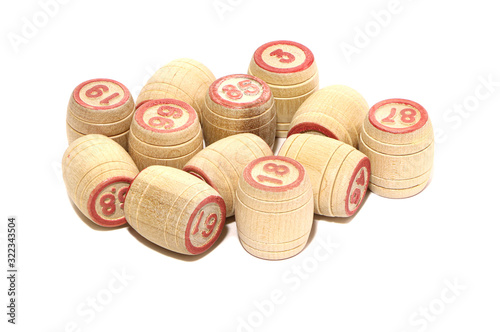 Board game lotto. Wooden barrels isolated on a white background. Gambling. Bingo.