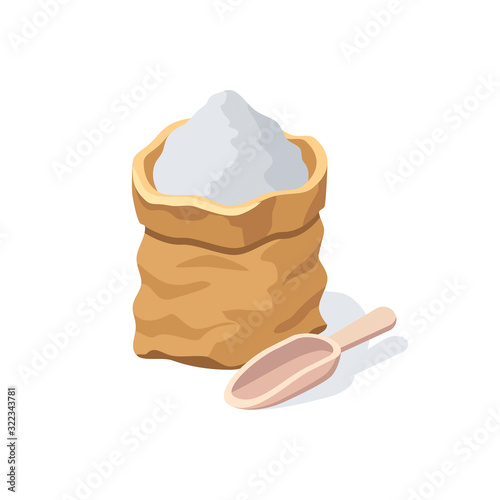 Bag of flour scoop shoulder blade. Vector 3d isometric, color web icon, new flat style. Creative illustration design, idea for infographics.