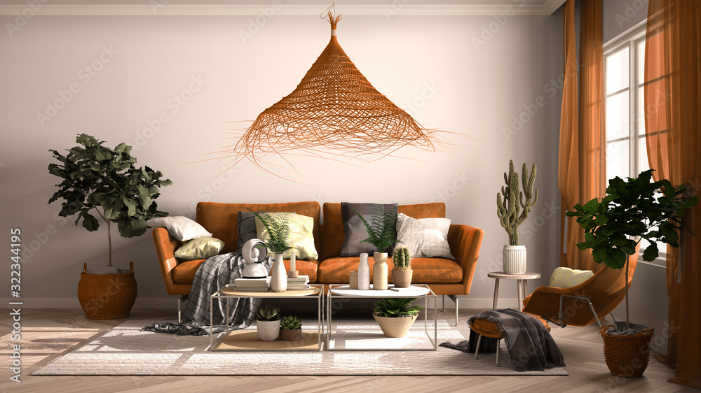 Vintage, old style orange living room with sofa and armchair, coffee ...