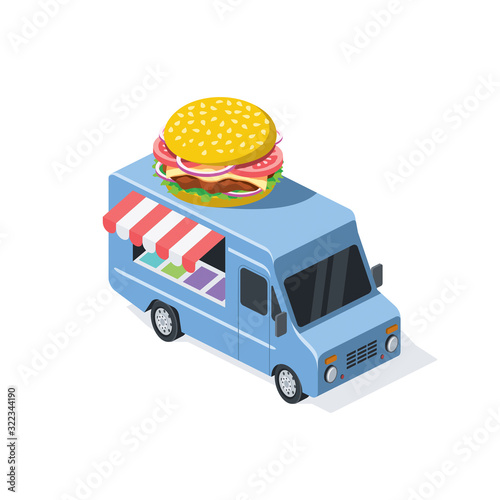 Food truck burger. Vector 3d isometric, color web icon, new flat style. Creative illustration design, idea for infographics.