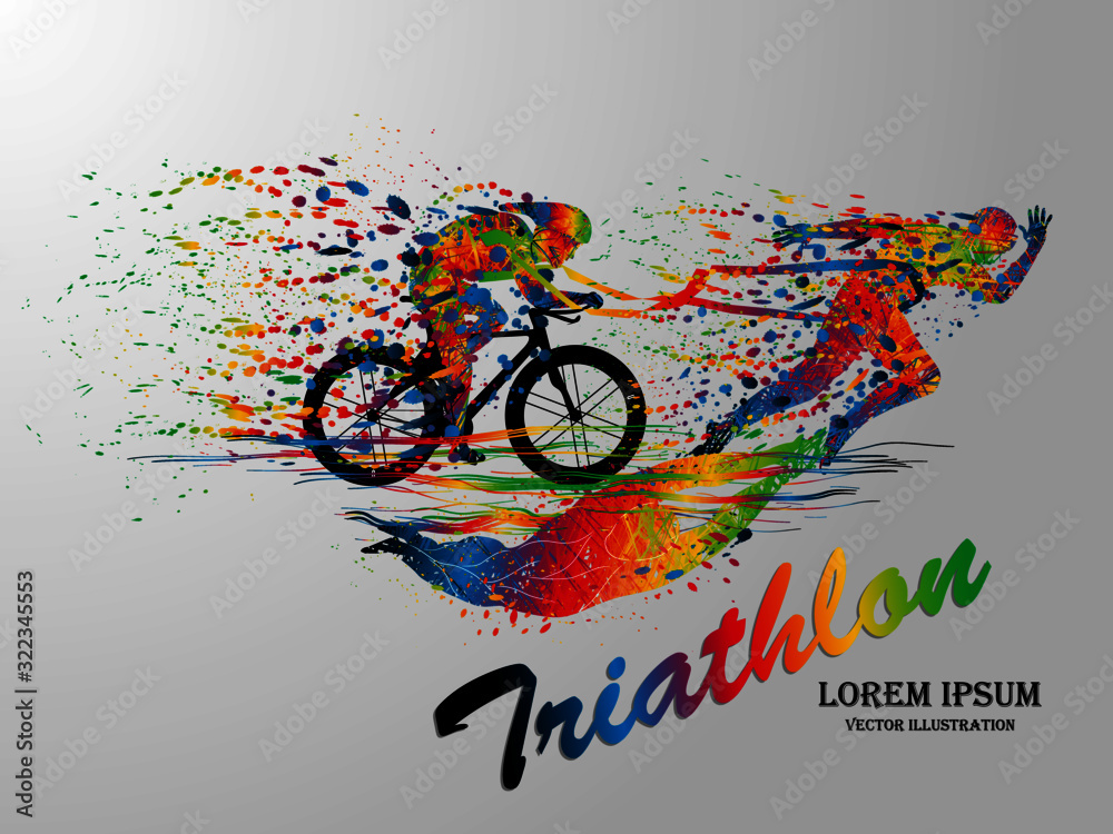 Visual drawing swimming, cycling and runner sport at fast of speed in  triathlon game, colorful beautiful design style on white background for  vector illustration, exercise sport concept Stock Vector