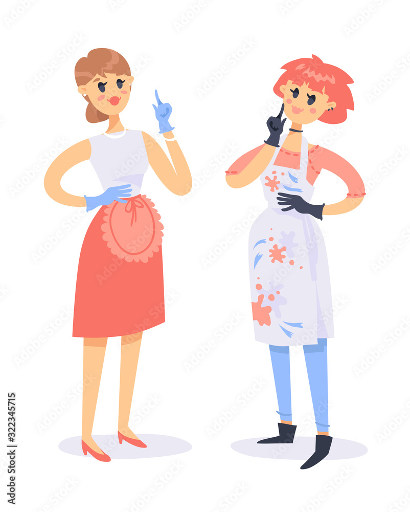 Cartoon style character. Vector illustration woman in apron and latex gloves. Hand drawn happy housewife Cartoon style character. Vector illustration woman in apron and latex gloves. Hand drawn happy housewife