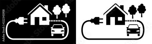 Vector illustration. House and car, charging symbol.