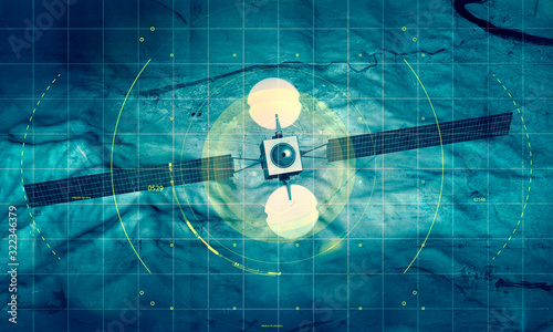 Spy satellite, satellite view of a terrain, military target. Hud. Physical planisphere. 3d render