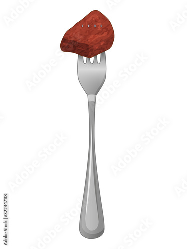 Piece of meat on a fork on white background. Object for packaging, advertisements, menu. Isolated on white. Vector illustration. Cartoon.
