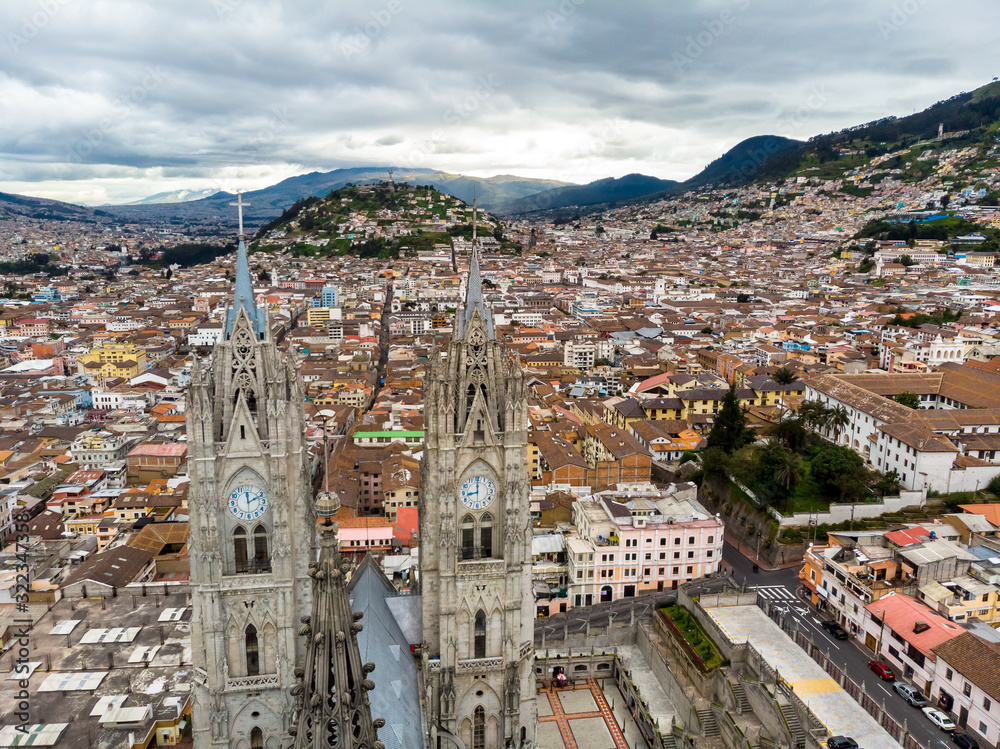 Aerial view of the Basilica of the National Vow, Panecillo and Colonial Quito