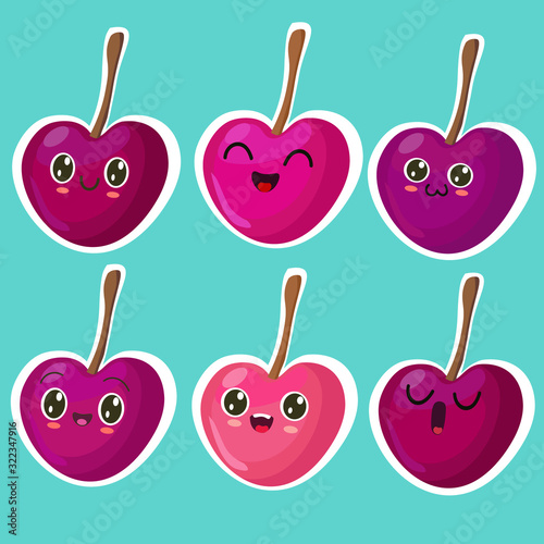 set of illustrations with a cute cherry, different emotions, characters in cartoon style, on a blue background. can be used as stickers. cute fruits