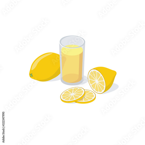 Lemon juice glass, yellow lemon slices. Vector 3d isometric, color web icon, new flat style. Creative illustration design, idea for infographics.