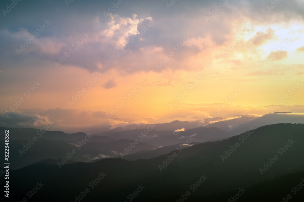 Sunrise, sunset in the Carpathian mountains. Natural background.