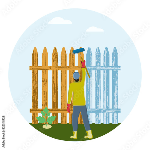 Man paints a fence with a roller - icon, isolated on white background - vector. Country work. Spring summer season.