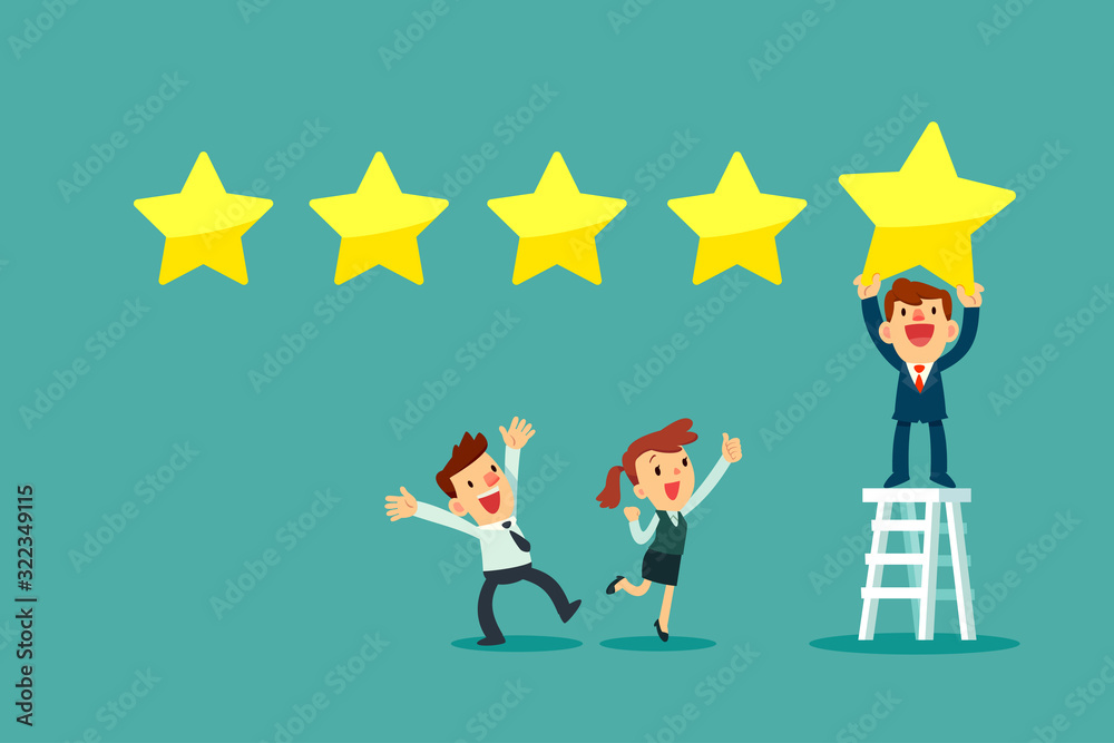 businessman put fifth gold star in line showing five stars rating businessman put fifth gold star in line showing five stars rating