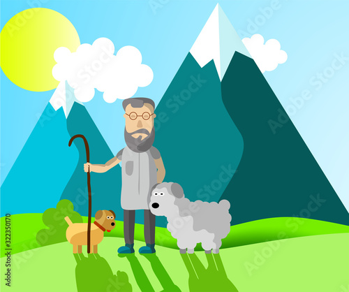 elderly male shepherd walks with a dog and sheep in a mountain meadow on a sunny day in a flat style