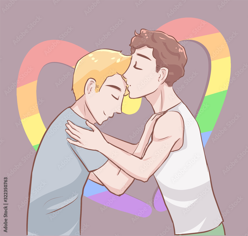 gay men couple in love kissing cheek vector illustration in concepts cute  lgbtq anime style for valentine day Векторный объект Stock | Adobe Stock