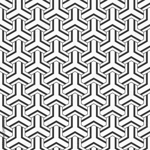 Abstract seamless pattern. Modern stylish texture. Striped linear geometric tiles with triple weaving elements and filled shapes. Vector monochrome background.