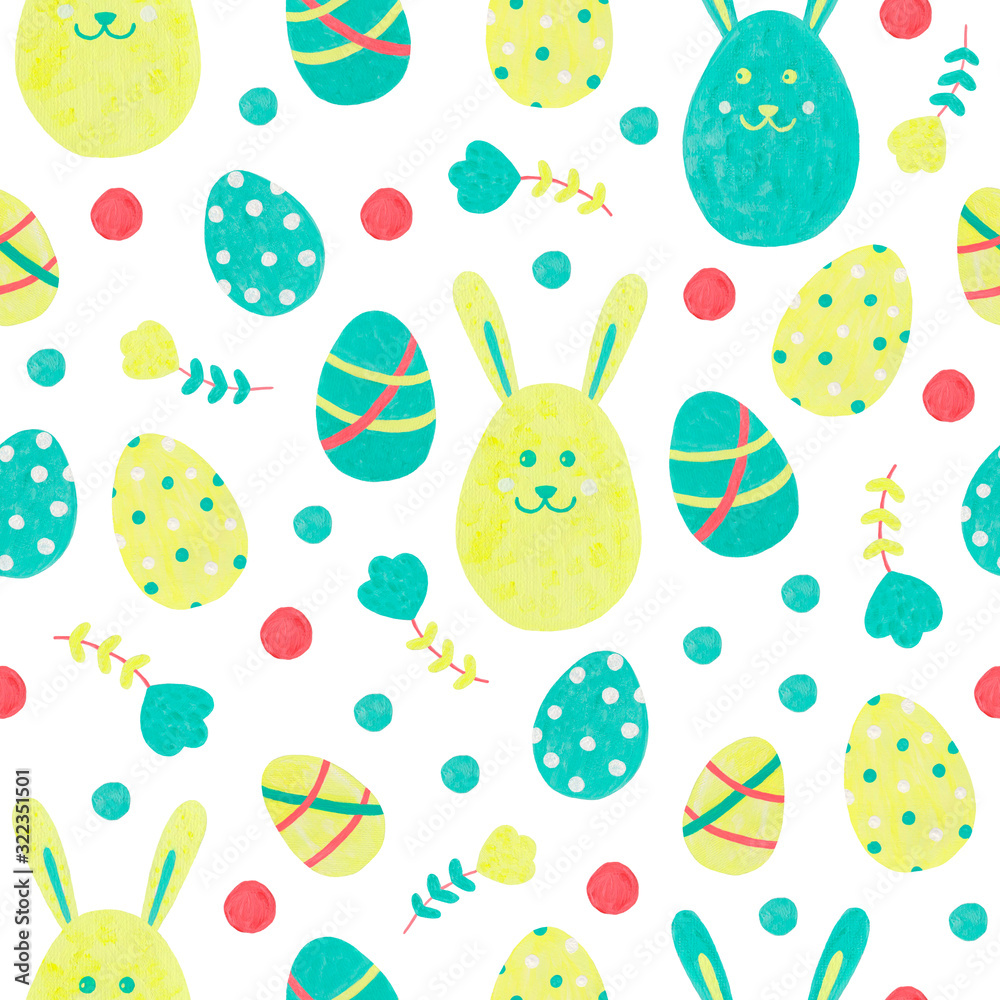 Funny seamless pattern with cute bunny, easter eggs, dots and spring flowers. For your designs: packaging and digital paper, textiles and prints.