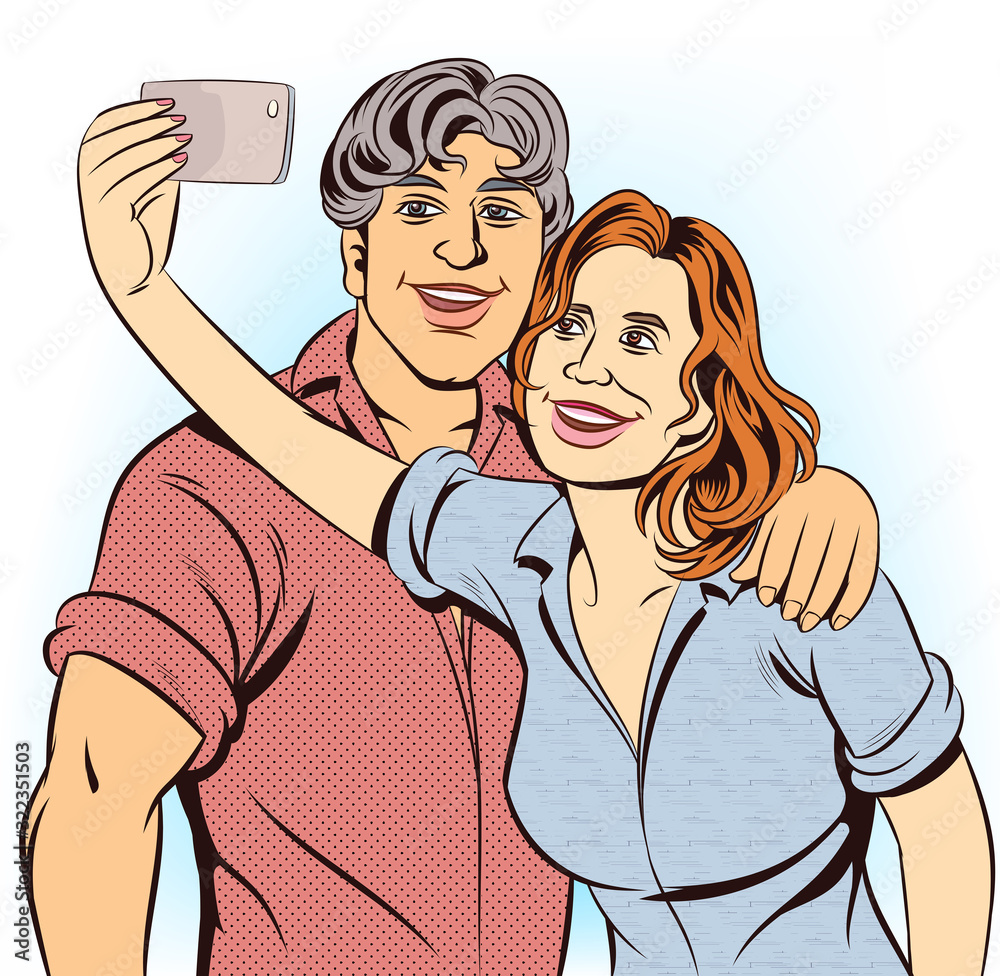 Women and men are taking selfies on smartphones. photos in social networks media. Pop Art Vector Illustration.The image is separated from the white background.