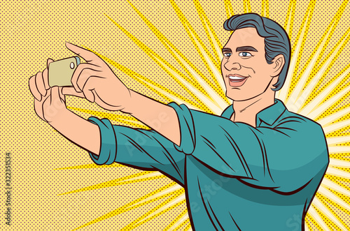 Men are taking selfies on smartphones. photos in social networks media. Pop Art Vector Illustration.The image is separate from the background.