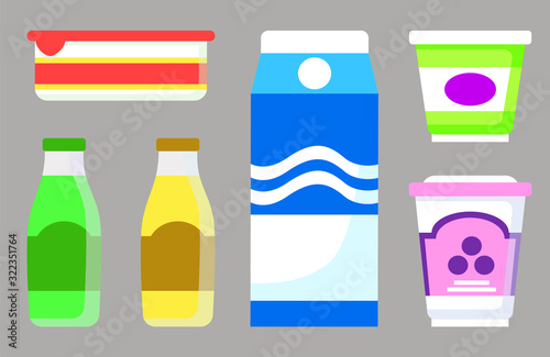 Set of isolated dairy products in containers with emblems. Milk and yogurt, sour cream in plastic package, Organic nutrition and dieting. Food assortment in store or shop. Vector in flat style