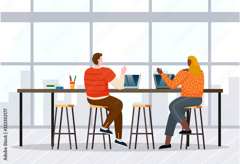 Woman and man greet each other, coworkers in open space. Lady and guy working on laptops. Room interior with high table and chairs and window with cityscape view. Vector illustration of office in flat