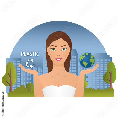 young Woman standing among polluted city and holding world in hand. save planet abstract vector. Nature pollution and woman taking care about earth. world environment day and save earth concept