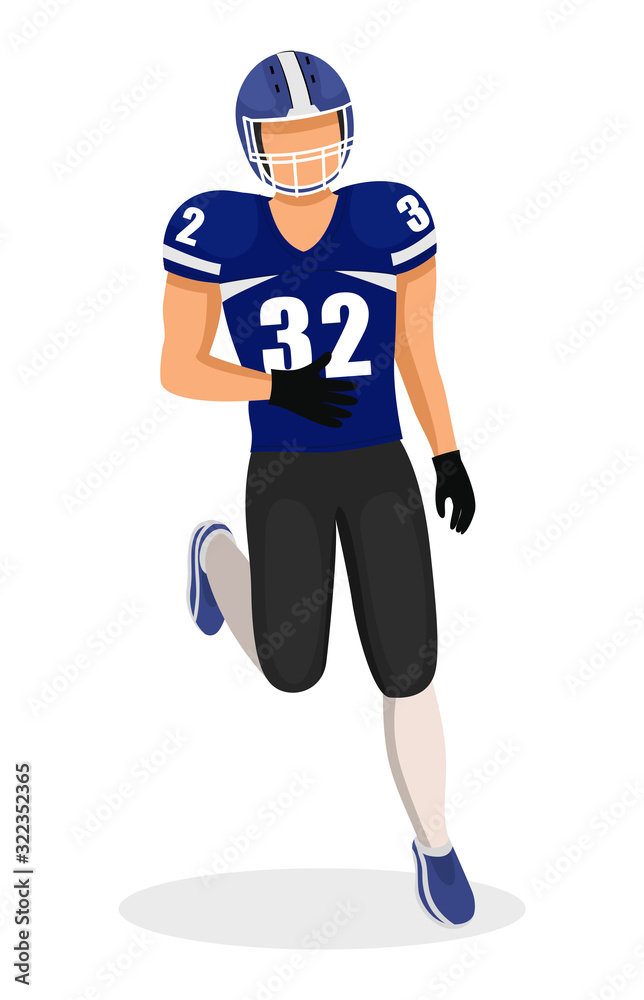Footballer in uniform running. Isolated gridiron player. American football hobby or leisure activities for college student. Male character with helmet exercising for game or match, vector in flat