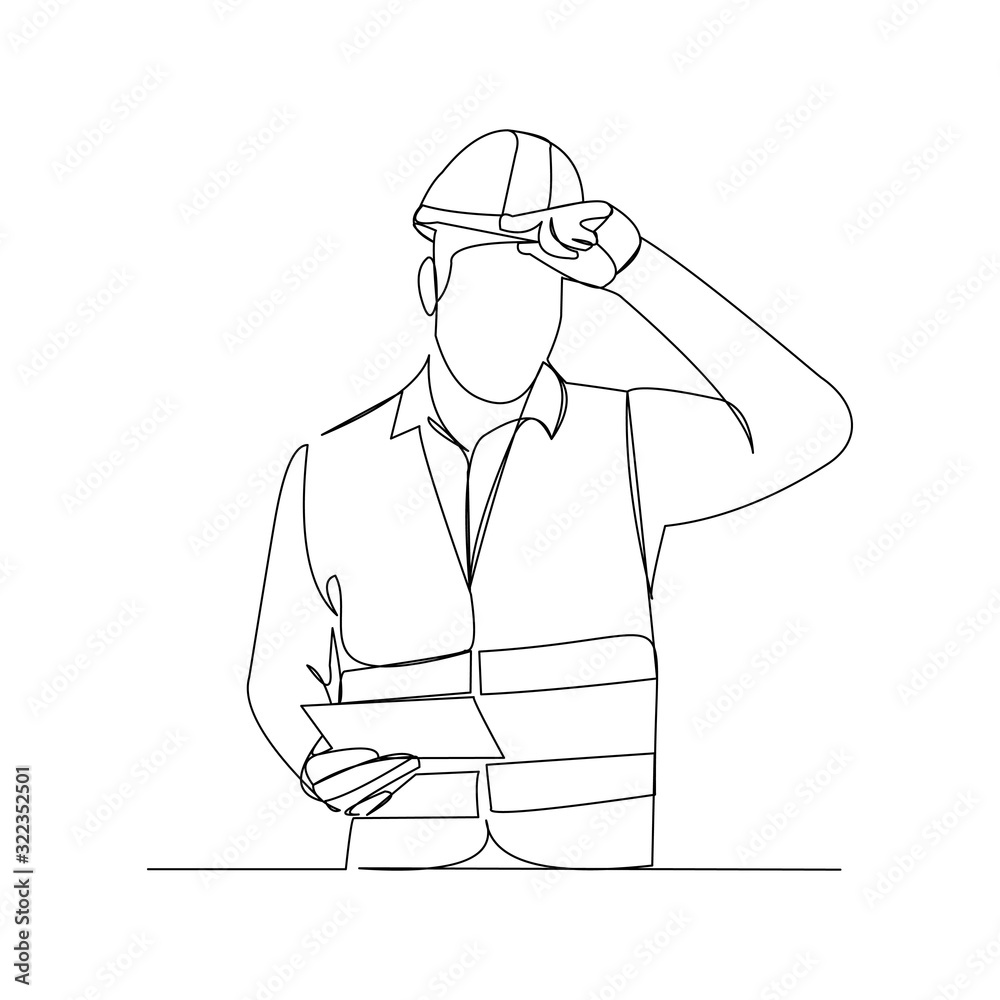Continuous line drawing of cunstruction worker with blue print paper. One line art of architect hold design paper of building. Vector illustration.