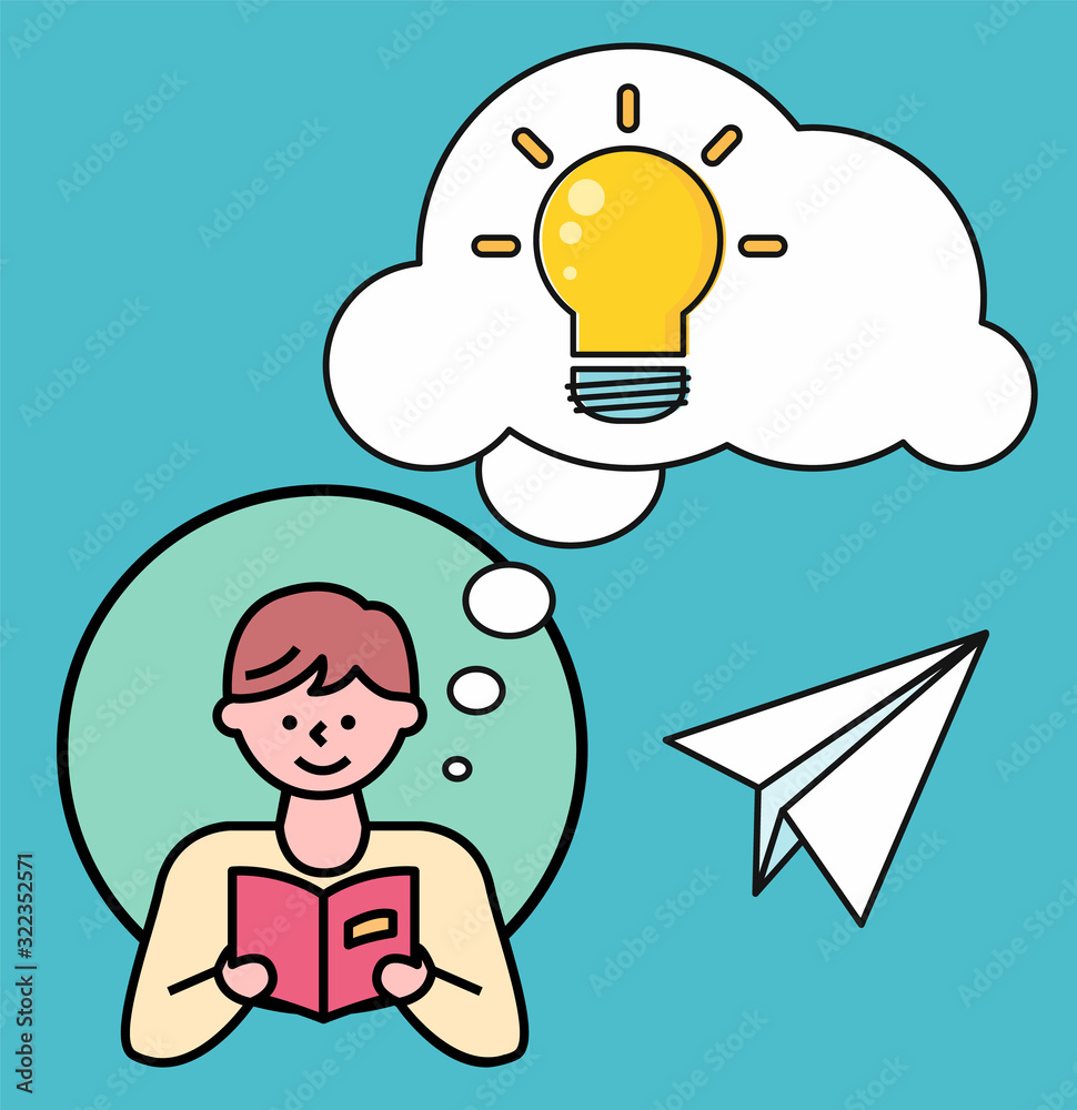 Boy in circle reading textbook. Young man thinking about about content of book. Cloud or bubble with thoughts and creative ideas. Person portrait in round icon. Vector illustration in flat style Boy in circle reading textbook. Young man thinking about about content of book. Cloud or bubble with thoughts and creative ideas. Person portrait in round icon. Vector illustration in flat style