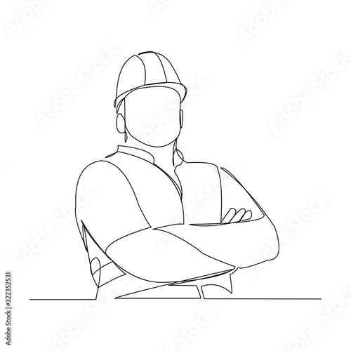 Continuous line drawing of cunstruction worker with blueprint paper. One line art of architect hold design paper of building. Vector illustration.