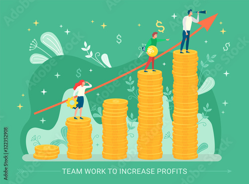 Teamwork to increase profits vector, chart made of money flat style. Finance success and development. Male with electric bulb and woman with cogwheel