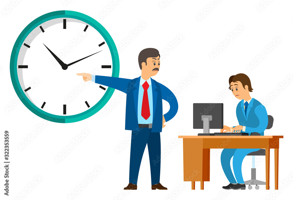 Employee and employer interaction. Man sitting at table and working with computer, executive pointing on clock on wall, man wearing suit, boss and time management