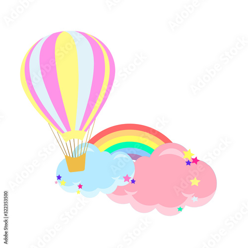 Beautiful children`s  illustration - clouds and a balloon with rainbow and stars, cute baby shower 