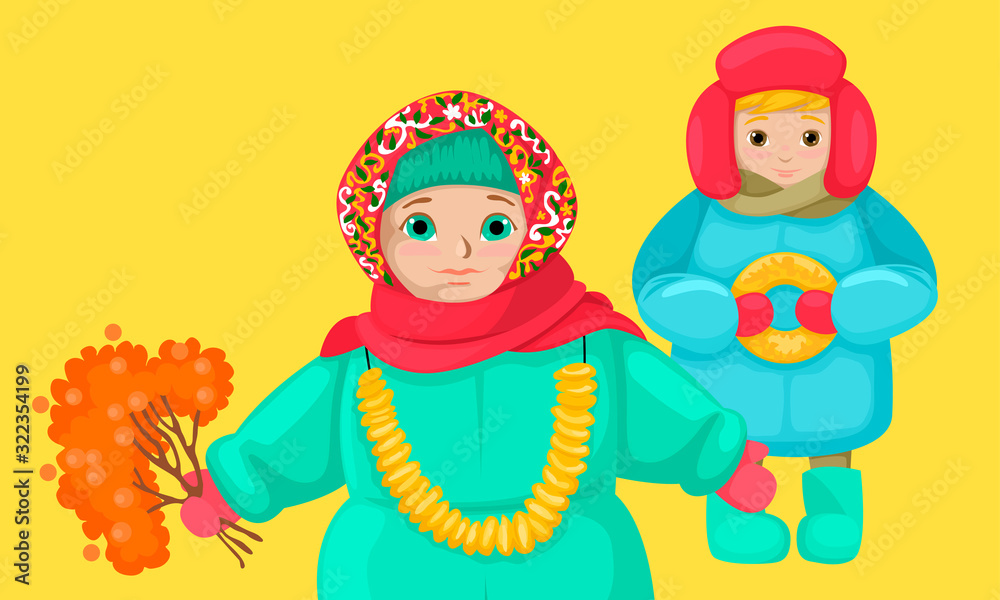 Russian small children in folk clothes. Vcetor drawing characters