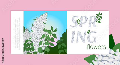 Horizontal flyer with spring design. Lilac on a purple background. Place for your text. Vector illustration