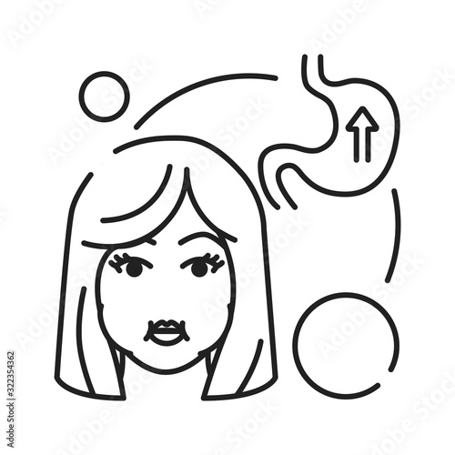 Early pregnancy symptoms nausea black line icon. Morning illness toxicosis. Pregnant blond woman concept. Sign for web page, mobile app, banner, social media. Editable stroke.