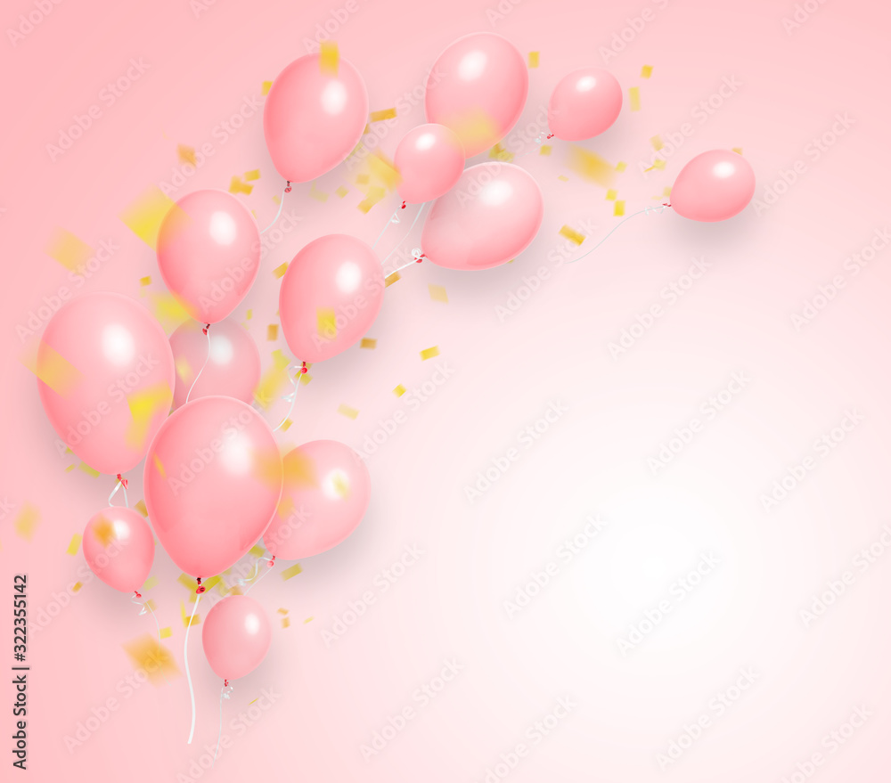 Holiday balloons and confetti flying on white