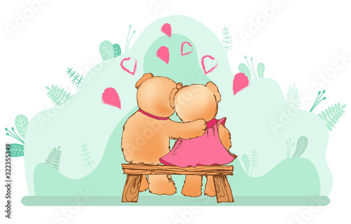 Couple of brown Teddy bears sitting on wooden bench and hugging each other. Plush toys in love. Cute stuffed animals surrounded by hearts back view