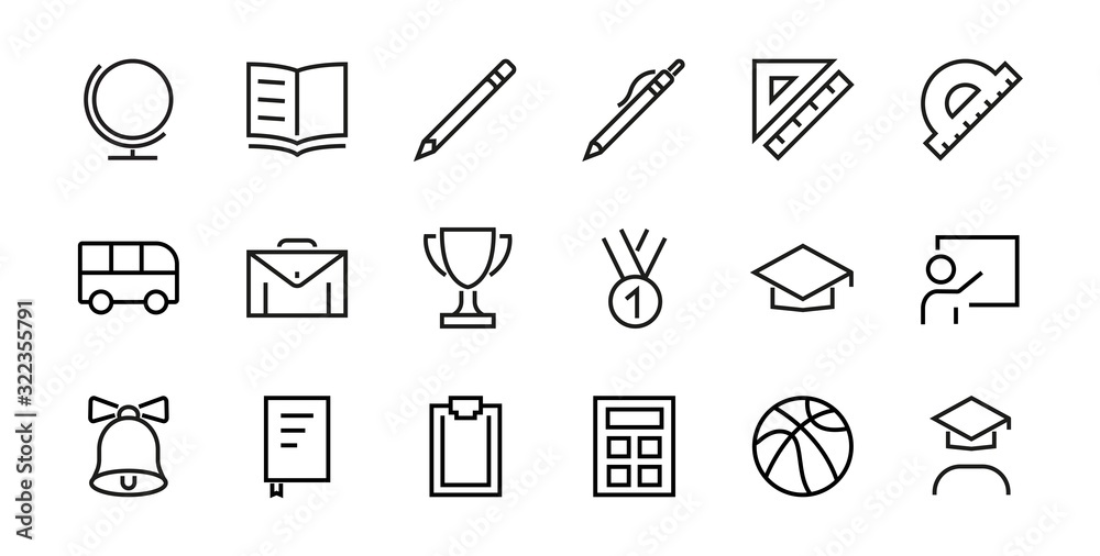 A simple set of school items. Contains icons such as student, award, geography, physical education, geometry and more. On white background. Editable stroke. 480x480 A simple set of school items. Contains icons such as student, award, geography, physical education, geometry and more. On white background. Editable stroke. 480x480