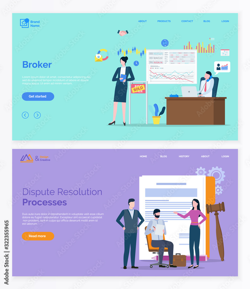 Broker collaboration, dispute resolution processes app slider. Workers characters solving rights problem and making deals online, web marketing vector. App slider template, landing page flat style