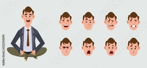 cute businessman doing yoga or relax meditation. businessman character with different type of facial expression