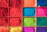 Color Powder stalls full of Colours for Holi ready for the popular ancient Hindu festival celebration, Kathmandu, Nepal.
