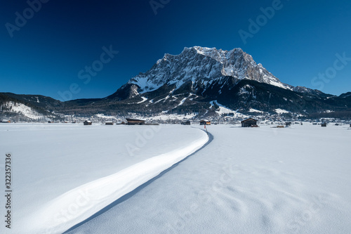 View on Ehrwald and the Zugspitze mountain in the Alps