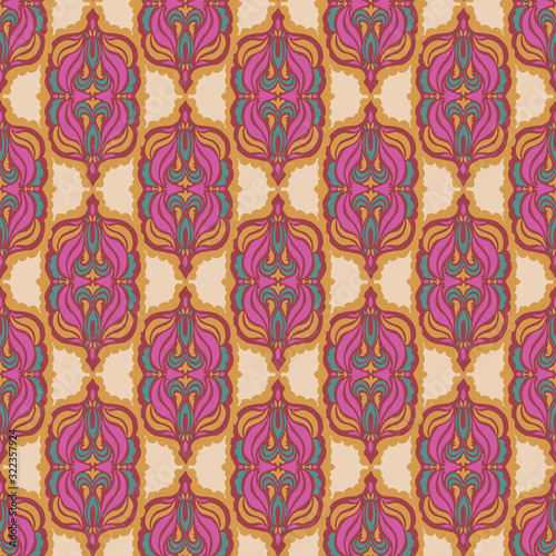 Old indian arabesque paisley buta leaf seamless vector pattern. Ornate spice color marsala red blush middle eastern style background. Vintage ethnic decorative floral foulard medallion all over print