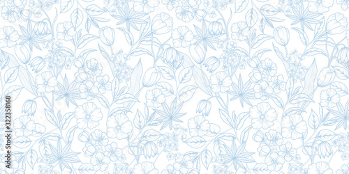 Floral blue and white seamless pattern. Spring background from flowers of apple, cherry, sakura, tulips, snowdrops, tree branches and leaves. Vector eps 10