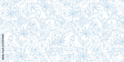Wallpaper Mural Floral blue and white seamless pattern. Spring background from flowers of apple, cherry, sakura, tulips, snowdrops, tree branches and leaves. Vector eps 10 Torontodigital.ca