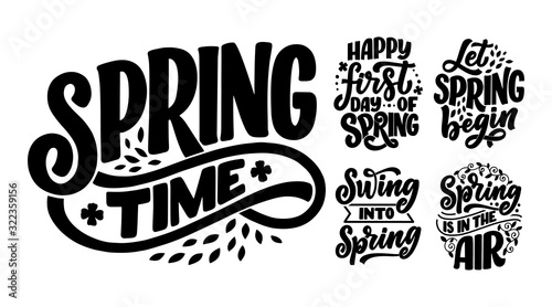 Set with Spring time lettering greeting cards. Fun season slogans. Typography posters or banners for promotion and sale design. Calligraphy prints. Vector