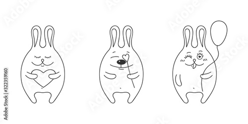Illustration for valentines day. Set of rabbits in love. Circuit. Vector illustration.