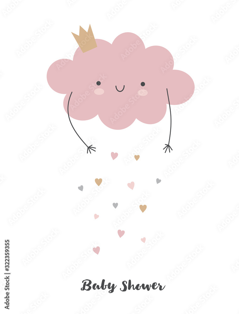 Obraz premium Lovely Baby Shower Vector Illustration. Pink Smiling Cloud with Dropping Hearts Isolated on a White Background. Funny Nursery Art ideal for Card, Invitation, Wall Art, Poster, Baby Girl Party.