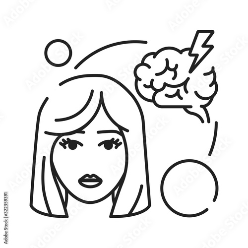 Headache black line icon. Early pregnancy symptom. Pregnant blond woman and brain concept. Disease, illness, migraine. Sign for web page, mobile app, banner. Editable stroke.