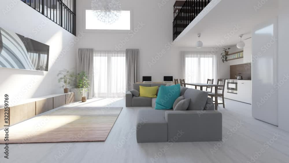 animation repair in a modern two-level apartment in the Scandinavian style. spacious interior of living room combined with kitchen-dining room.
