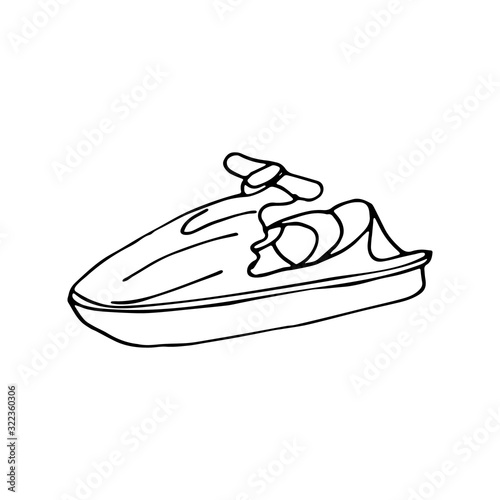 A water scooter in doodle style. Hand drawn vector illustration in black ink on white background.  Isolated outline.